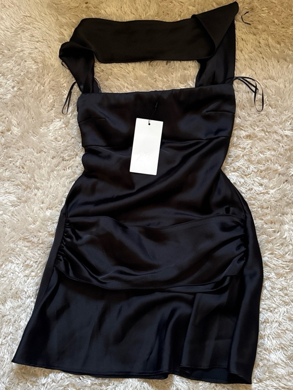 Zara Black Satin Square-Neck Mini Dress